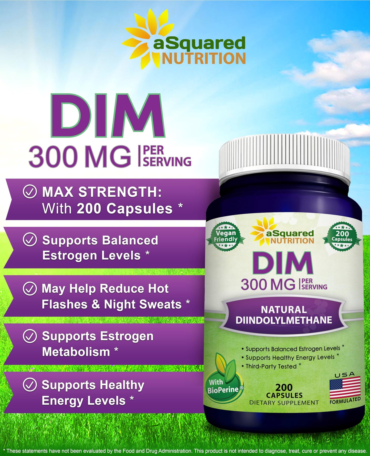 aSquared Nutrition DIM Supplement 300mg Plus BioPerine - 200 Veggie Capsules - Diindolylmethane DIM Max