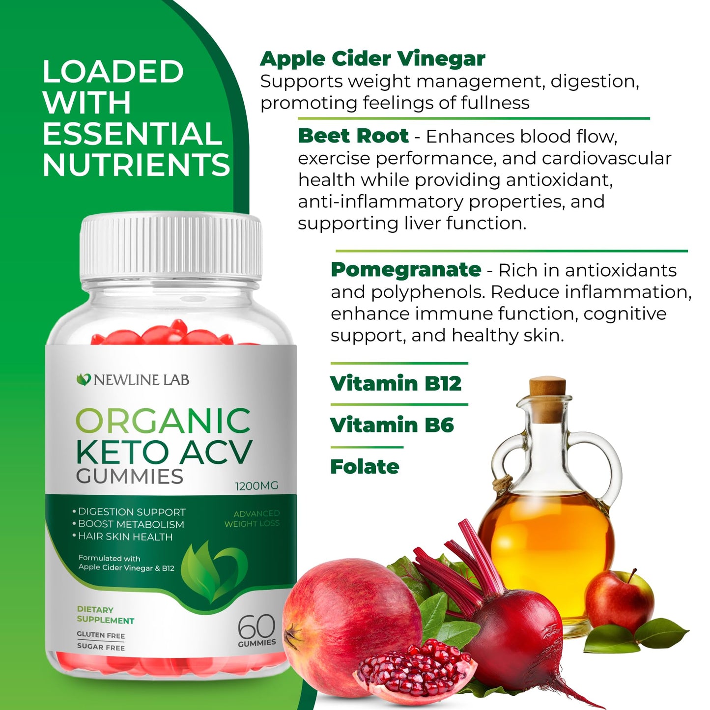 Organic Keto ACV Gummies for Advanced Weight Loss Fat Burn - Sugar Gluten Free Apple