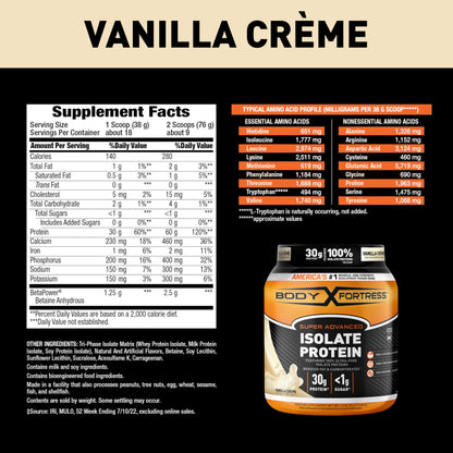 Body Fortress Super Advanced Isolate Protein Powder, Gluten Free, Vanilla Creme Flavored