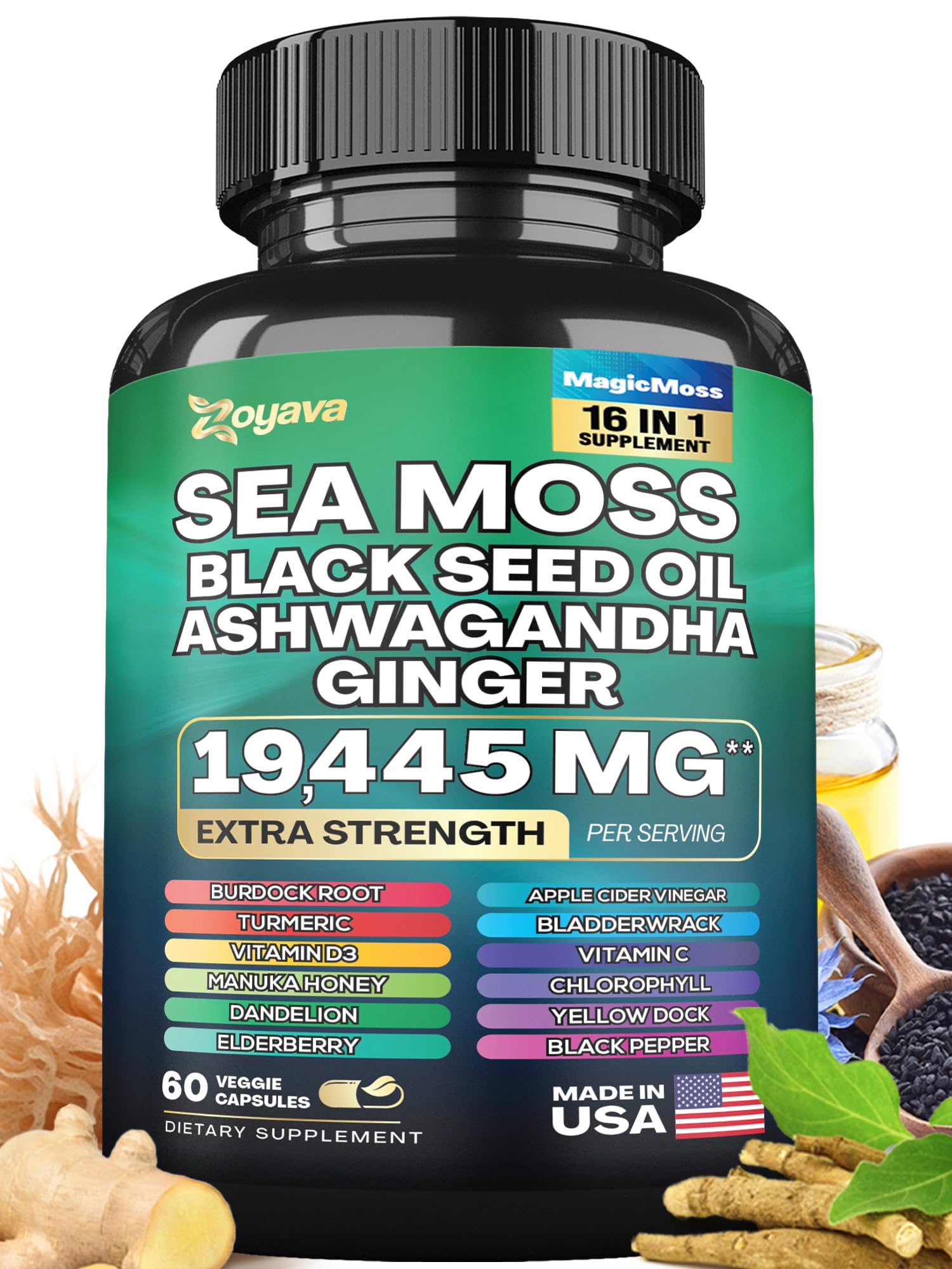 Zoyava Magic Moss Blend Sea Moss 7000mg Ashwagandha 2000mg Black Seed Oil 