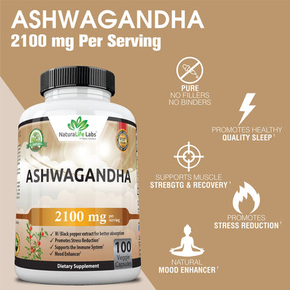 Organic Ashwagandha 2,100 mg - 100 Vegan Capsules Pure Organic Ashwagandha Powder