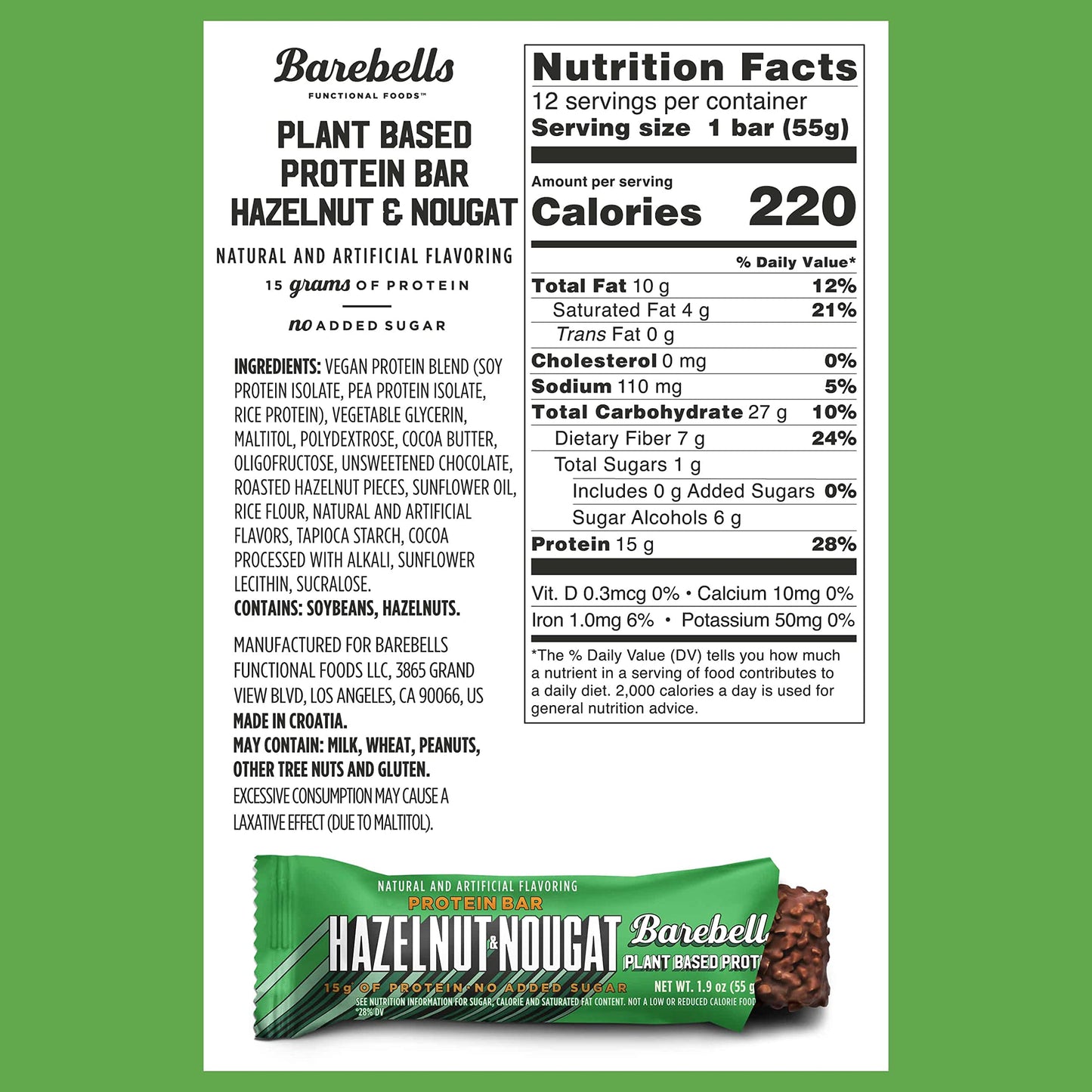 Barebells Vegan Protein Bars Hazelnut & Nougat - 12 Count, 1.9oz Bars - Features Plant