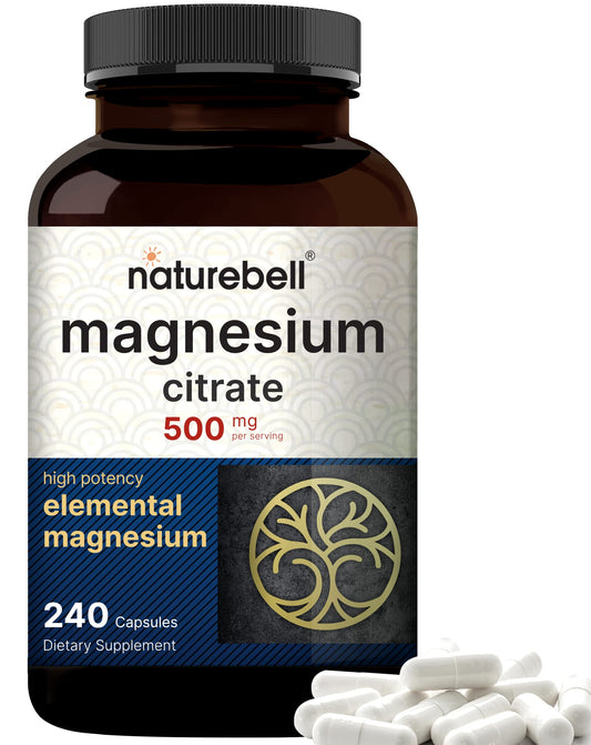 NatureBell Magnesium Citrate 500mg, 240 Capsules | High Purity Elemental Form