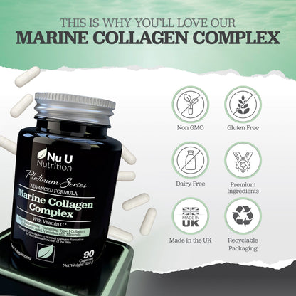 Marine Collagen with Hyaluronic Acid, Vitamin C - 90 Hydrolysed Capsules (not Tablets) - Premium High Strength Collagen