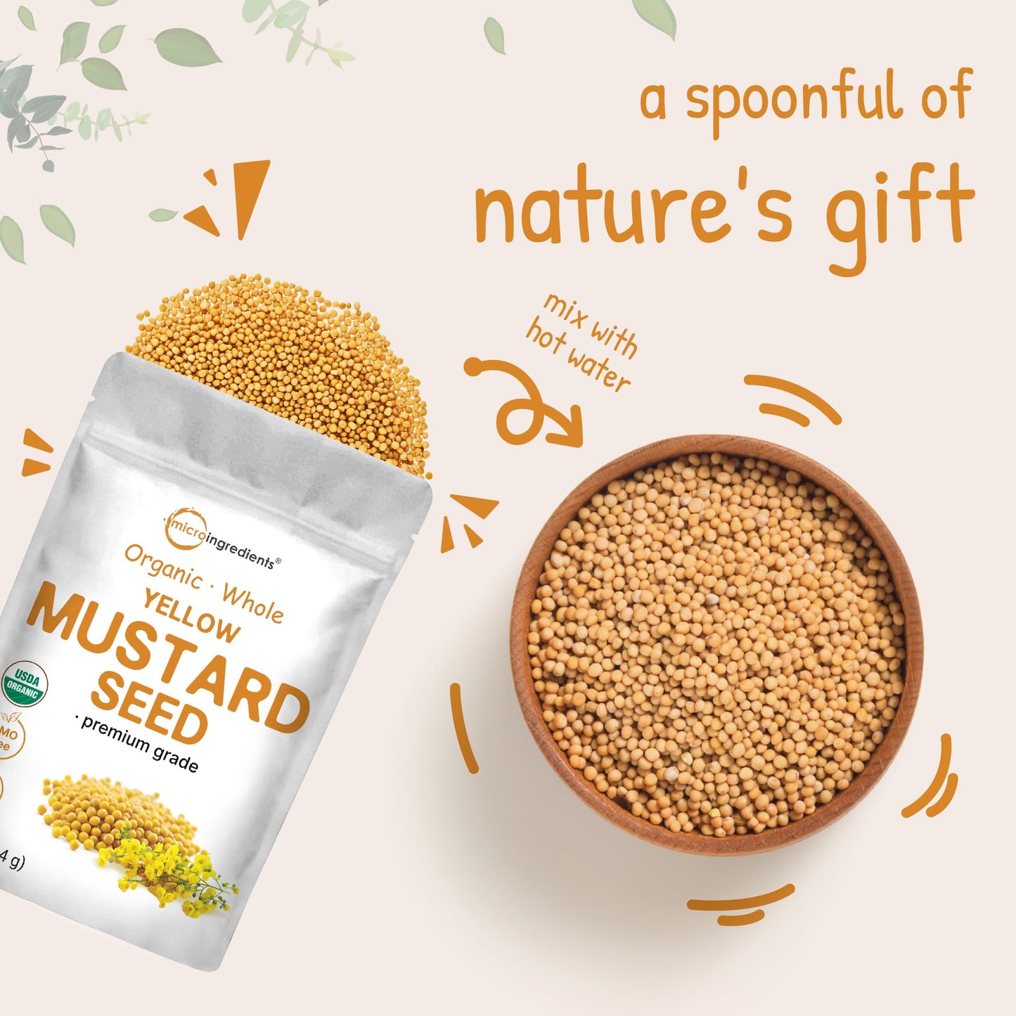 Organic Whole Yellow Mustard Seed, 4lbs (64oz) | Premium Grade Seeds | Mild Spicy