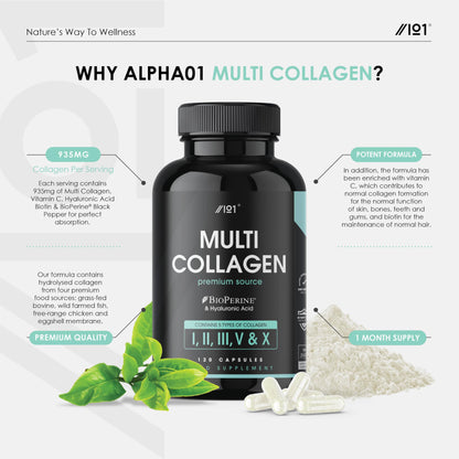 Multi Collagen Capsules - 120 Capsules - Types I, II, III, V & X - Wild Caught Fish, Grass Fed Bovine, Eggshell