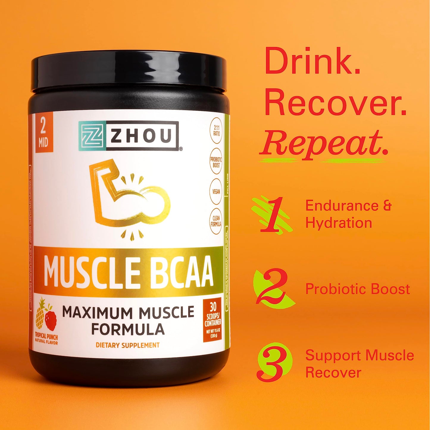 Zhou Nutrition Muscle BCAA Powder, Vegan Muscle Recovery, Natural, Clean Formula