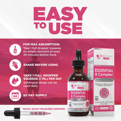 BioSource Labs Essential B Complex - Daily Vegan Vitamin B-Complex Sublingual Liquid