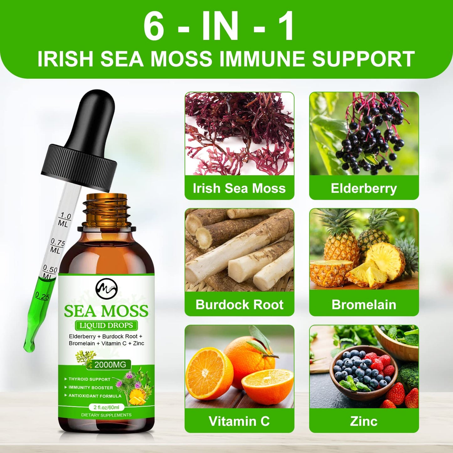 Sea Moss Liquid Drops - Irish Sea Moss 2000mg with Elderberry, Burdock Root, Bromelain