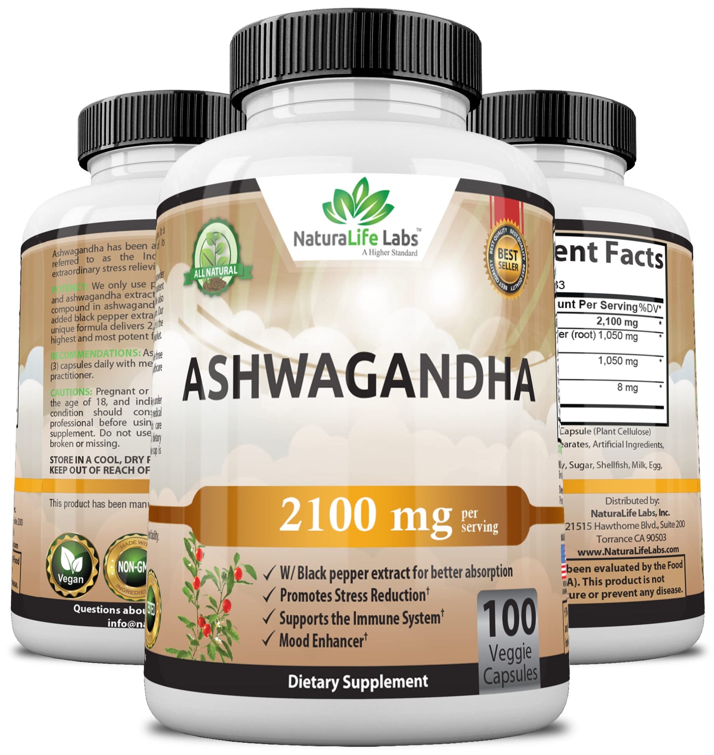 Organic Ashwagandha 2,100 mg - 100 Vegan Capsules Pure Organic Ashwagandha Powder