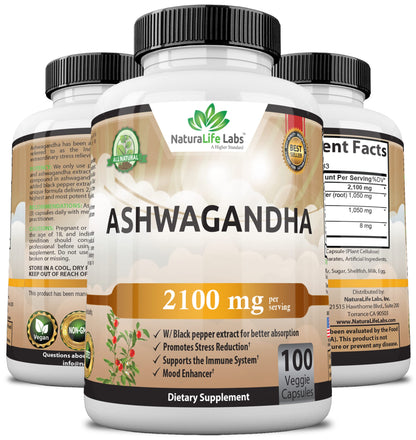 Organic Ashwagandha 2,100 mg - 100 Vegan Capsules Pure Organic Ashwagandha Powder