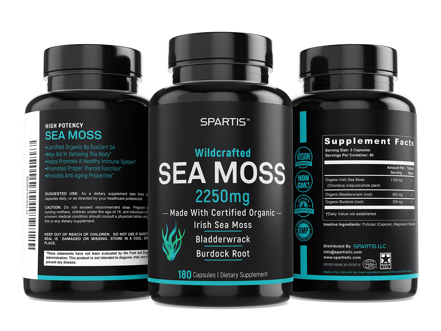 Certified Organic Sea Moss Capsules 2250mg Wildcrafted Irish Sea Moss Burdock Root