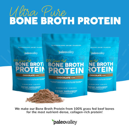 Paleovalley 100% Grass Fed Bone Broth Protein Powder - Chocolate - Rich in Collagen