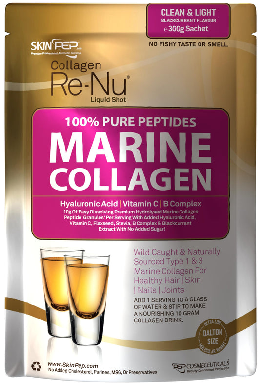 Premium Hydrolysed Marine Collagen Peptide Powder + VIT C, B Complex Hyaluronic Acid, & Stevia. Delicious Taste/No Fishy Smell - SkinPep® Collagen Re-Nu 300g - 30 Days Supply