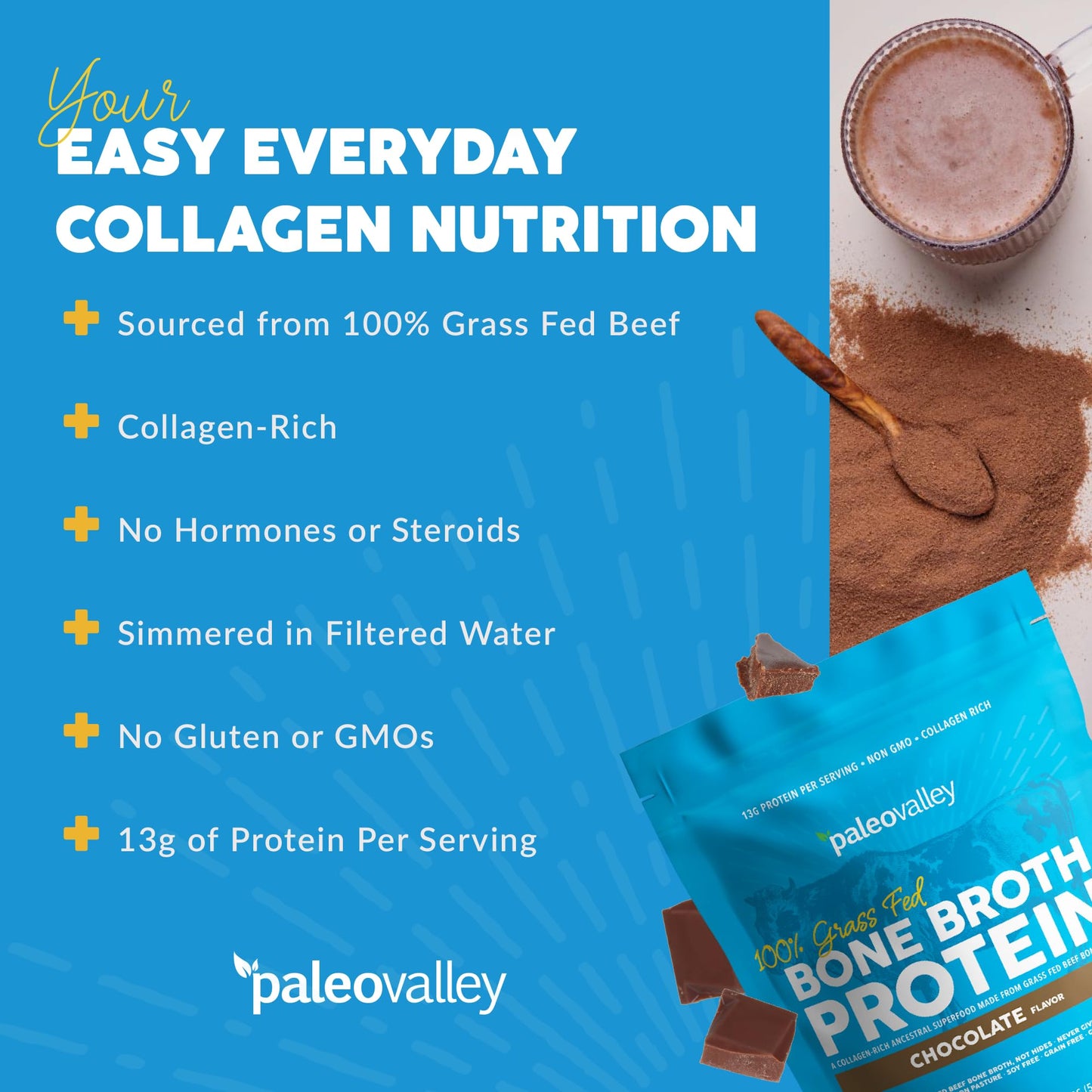 Paleovalley 100% Grass Fed Bone Broth Protein Powder - Chocolate - Rich in Collagen