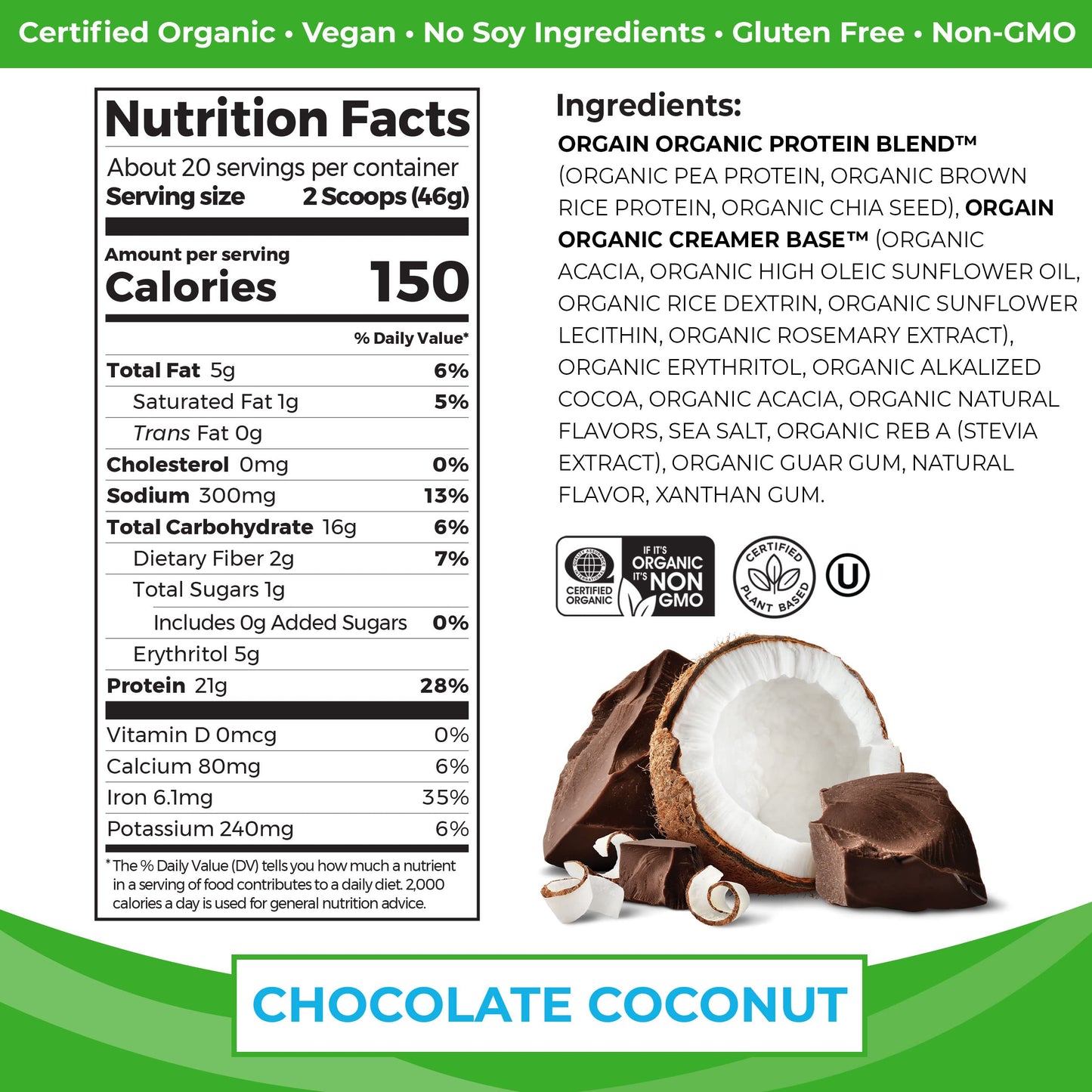 Orgain Organic Vegan Protein Powder, Chocolate Coconut - 21g of Plant Based Protein