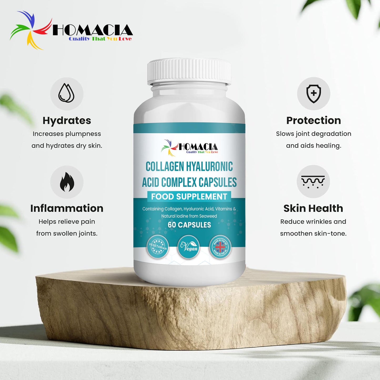 Homacia’s Collagen Capsules | Marine Collagen with Hyaluronic Acid | Pure Collagen Supplements for Women