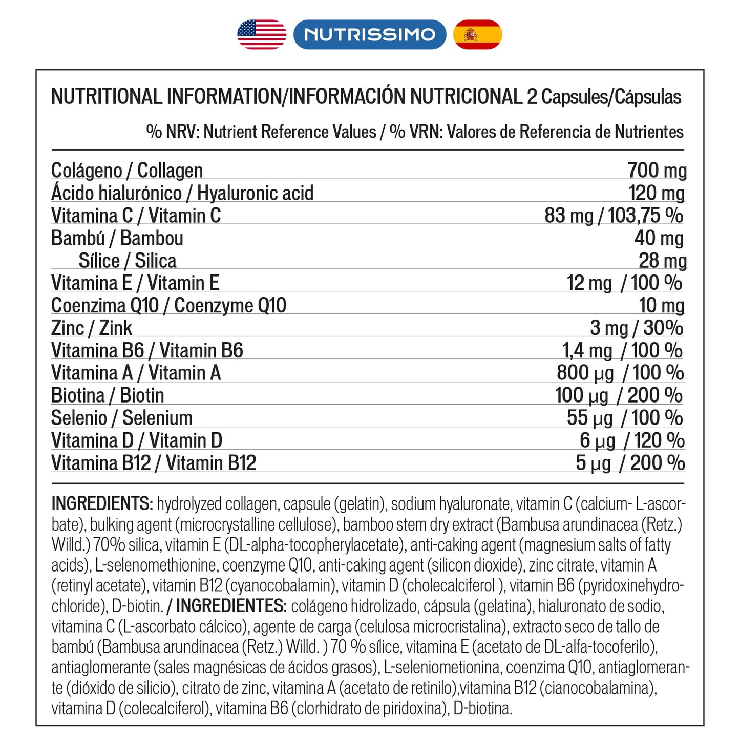 NUTRISSIMO Collagen + Hyaluronic Acid + Biotin + CoQ10 + Vitamins A, C (non-acidic), D and B12 + Zinc