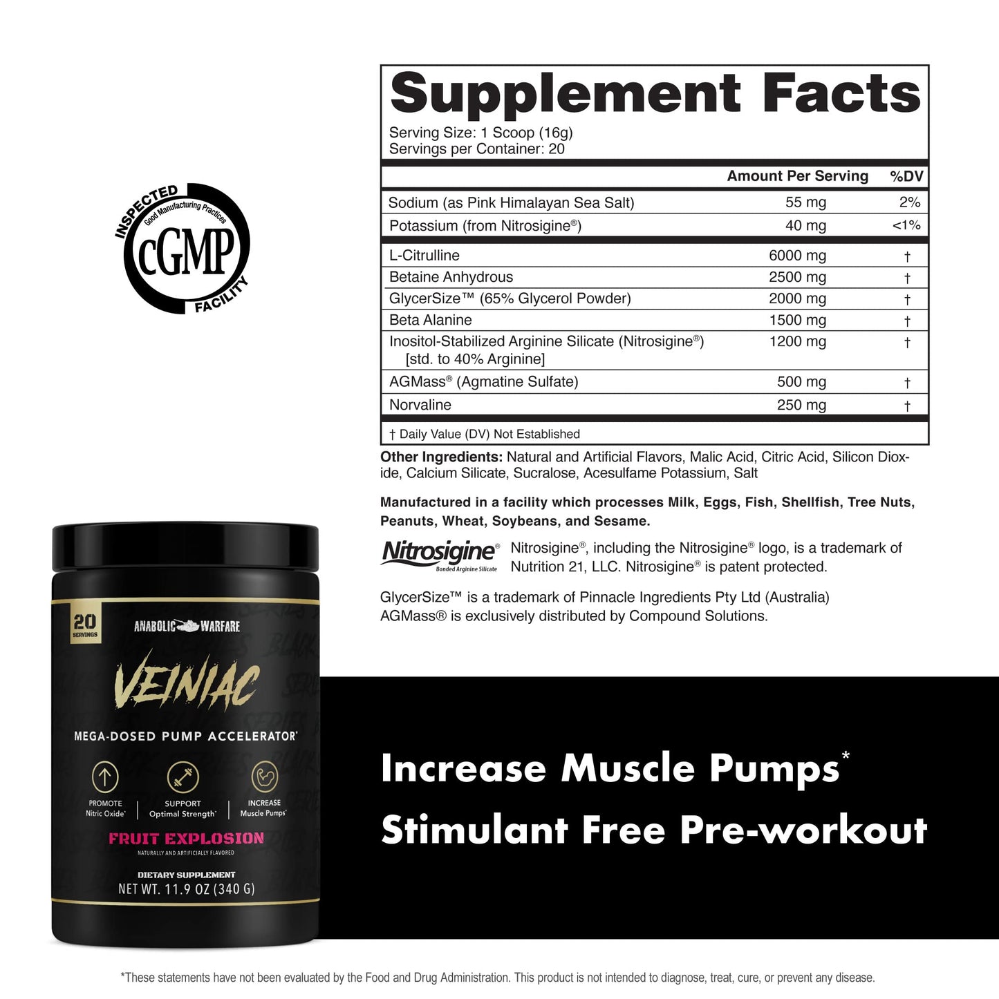 Anabolic Warfare Veiniac Muscle Pump Activator Supplement Stimulant Free Pre-Workout with L-Citrulline, Betaine Anhydrous, & Added AGMass™, Increases Nitric Oxide*, Fruit Punch 20 Servings