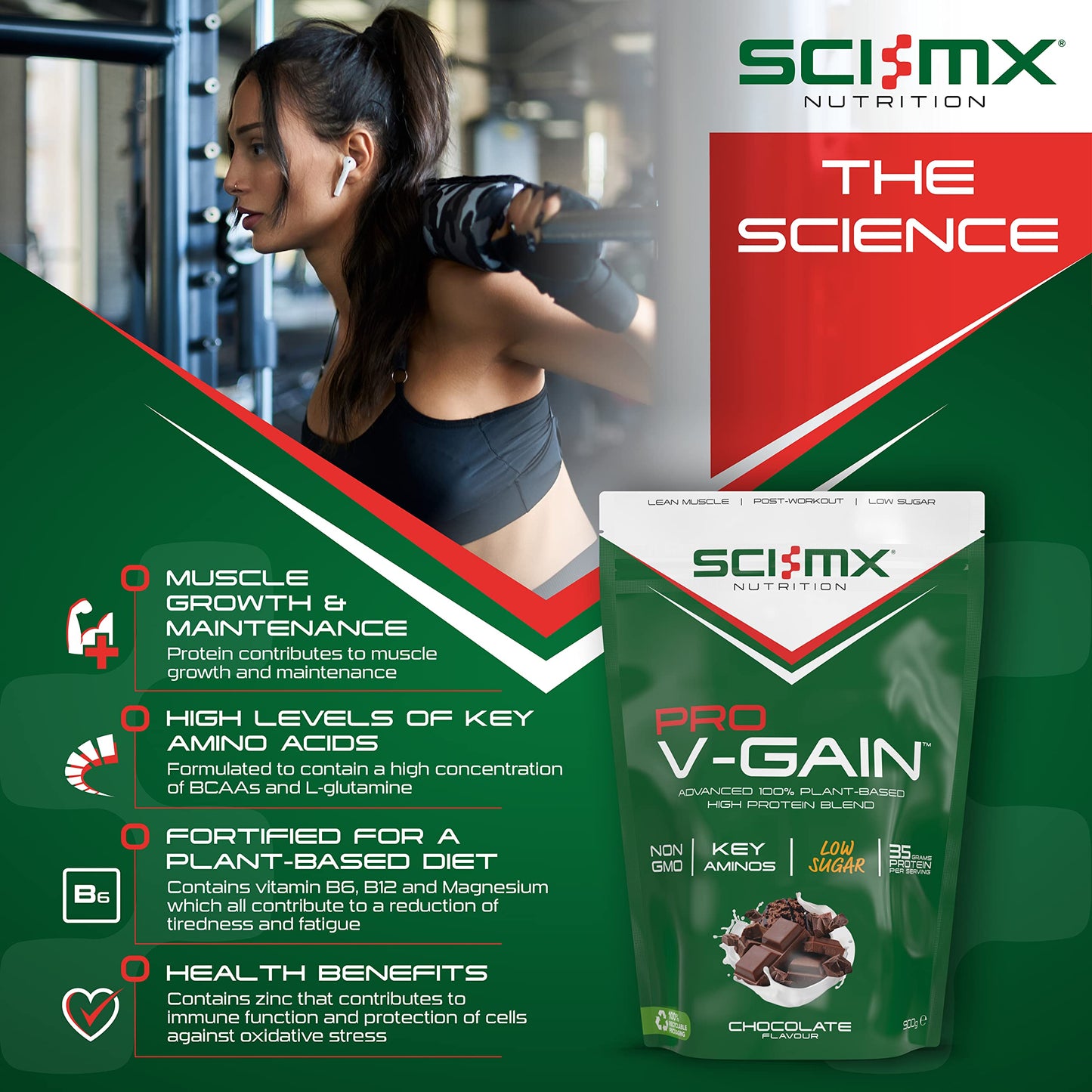 SCI-MX Pro V Gain 100% Plant Based Vegan Protein Formula With No Added Sugar - Chocolate Flavour - 900g - 20 SERVINGS