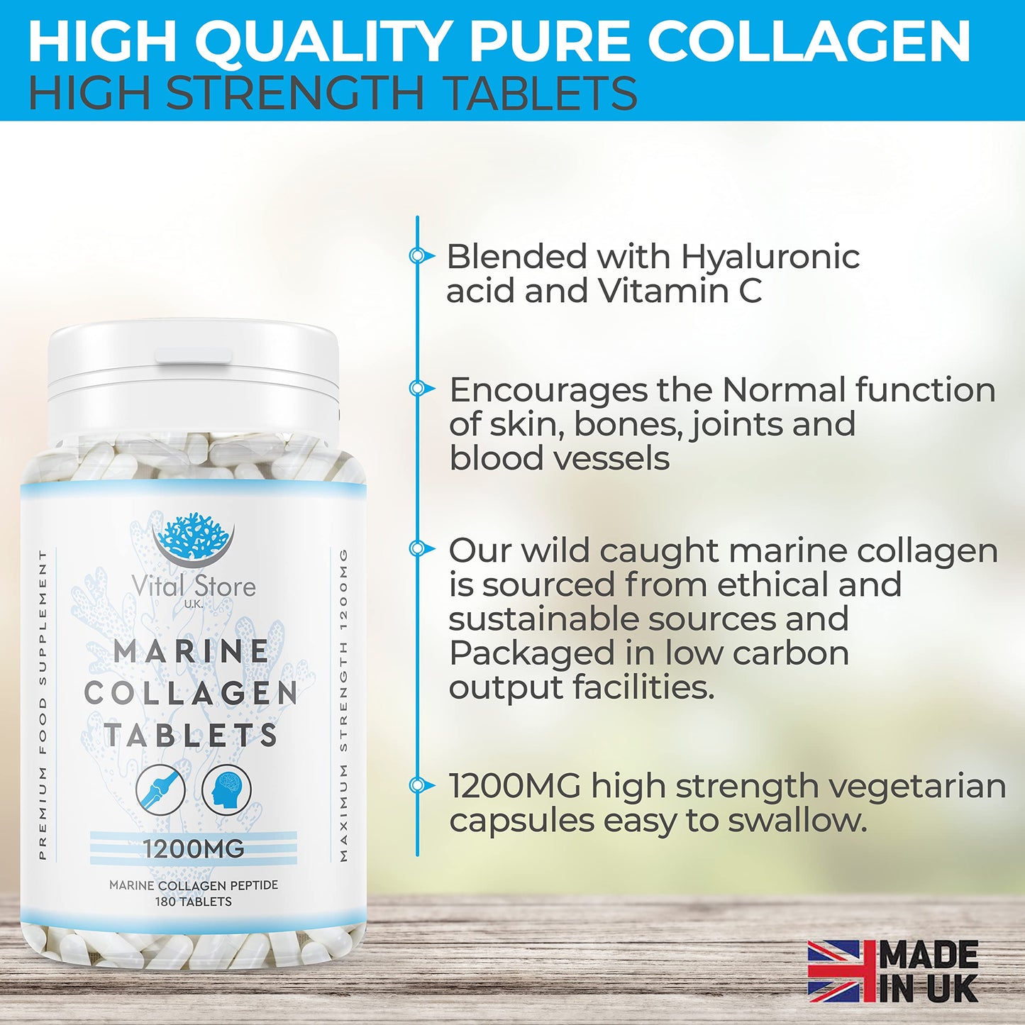 Marine Collagen Peptide Tablets 1200MG - 6 Month Supply - 180 High Strength Collagen Tablets