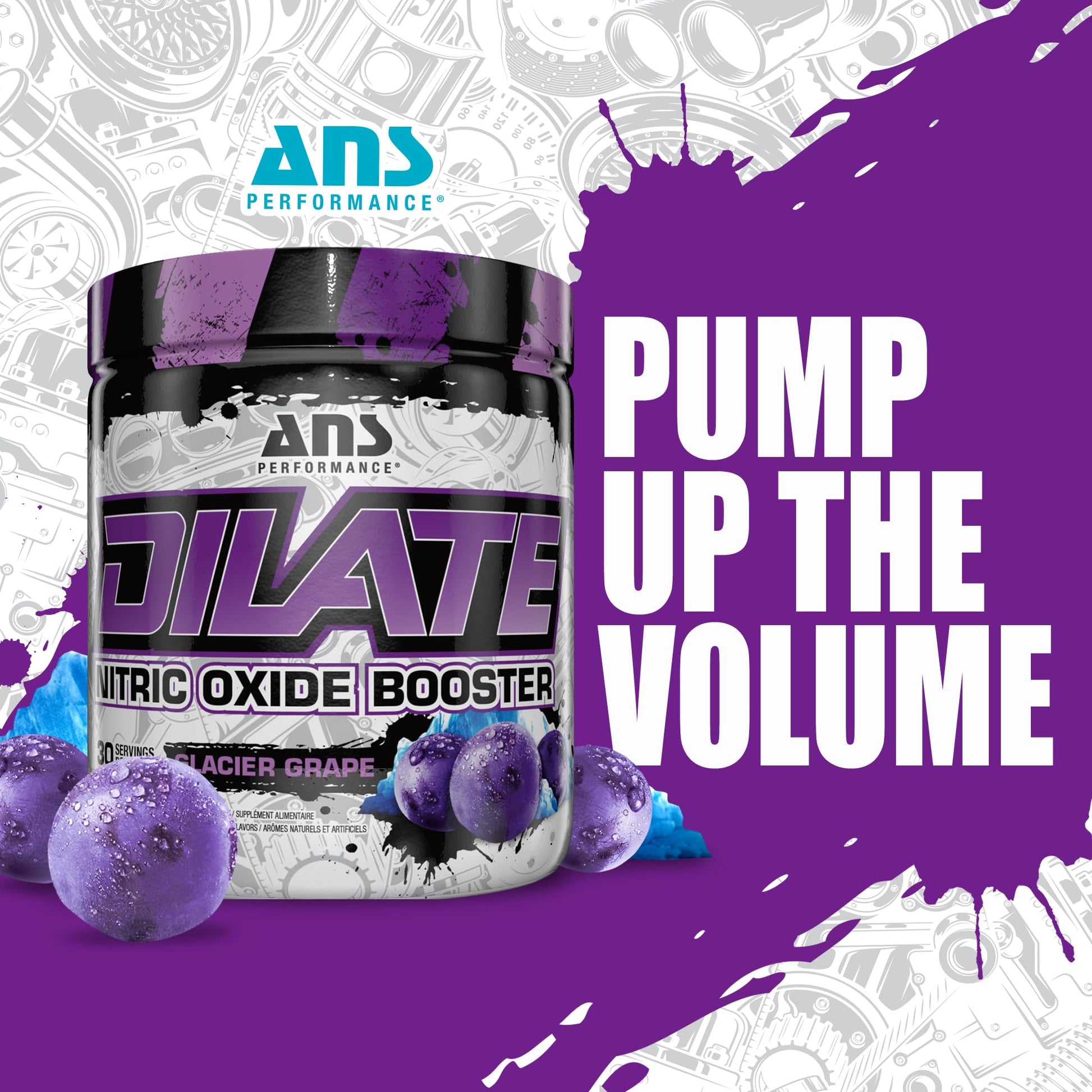 ANS Performance Dilate Pump PreWorkout Powder - Dietary Supplement - Maximizes Muscle Growth, Strength Performance - No Stims, Beta-Alanine, Creatine, Glacier Grape - 30 Servings (Glacier Grape)