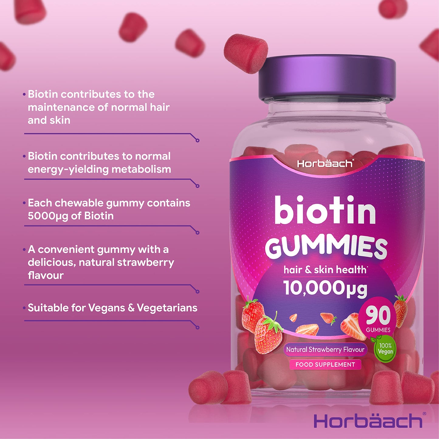 Biotin Gummies 10,000mcg | 90 Vegan Vitamins | Natural Strawberry Flavour