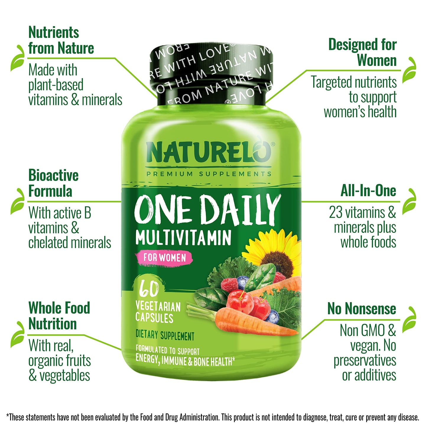 NATURELO One Daily Multivitamin for Women - Energy Support - Whole Food Supplement