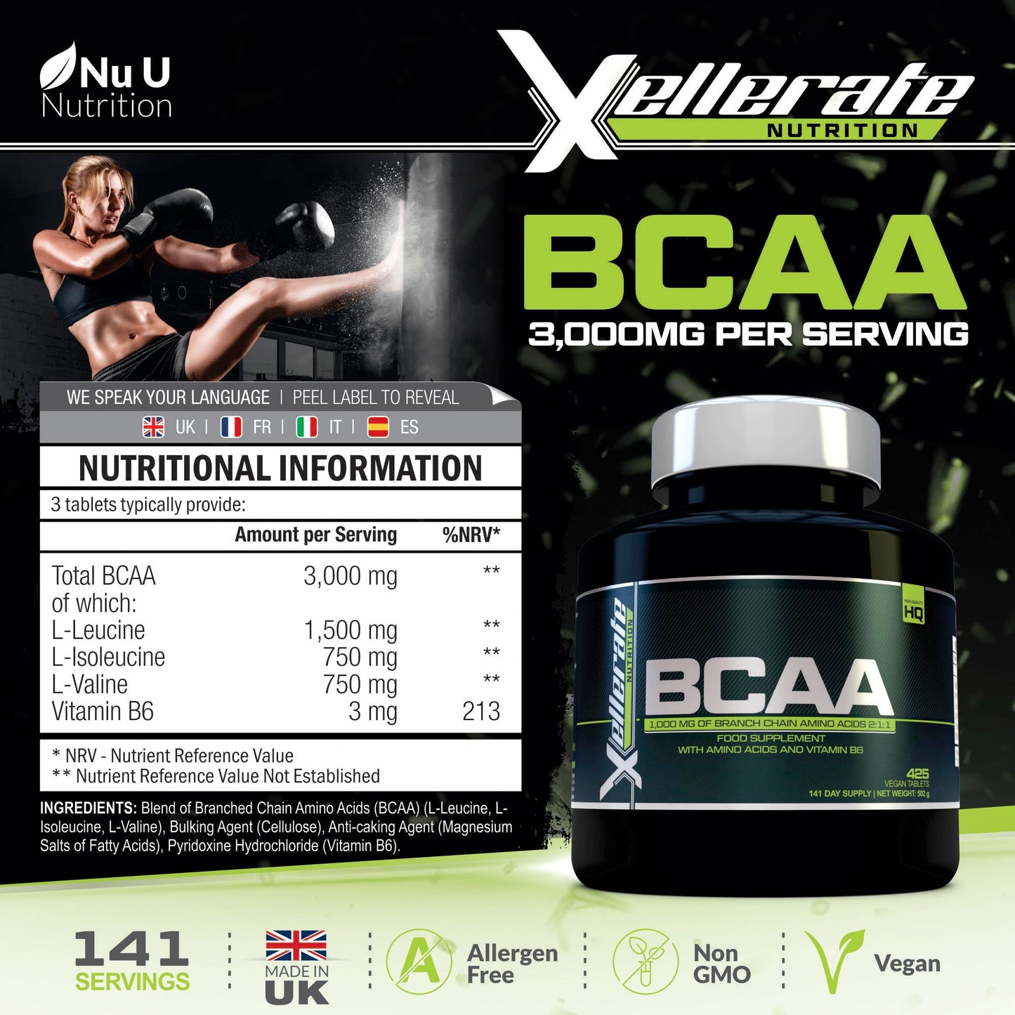 BCAA 1000mg - 425 Vegan Tablets - 3000mg Daily Serving - 141 Day Supply - 2:1:1 BCAAs