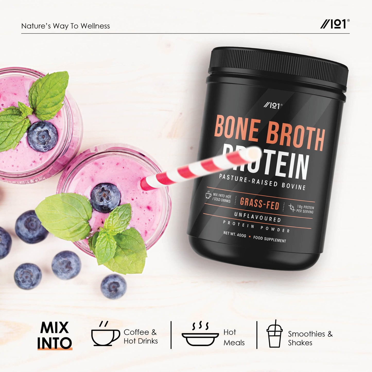 Bone Broth Beef Protein Powder - 400g - Unflavoured - 100% Grass-Fed & Pasture Raised Beef