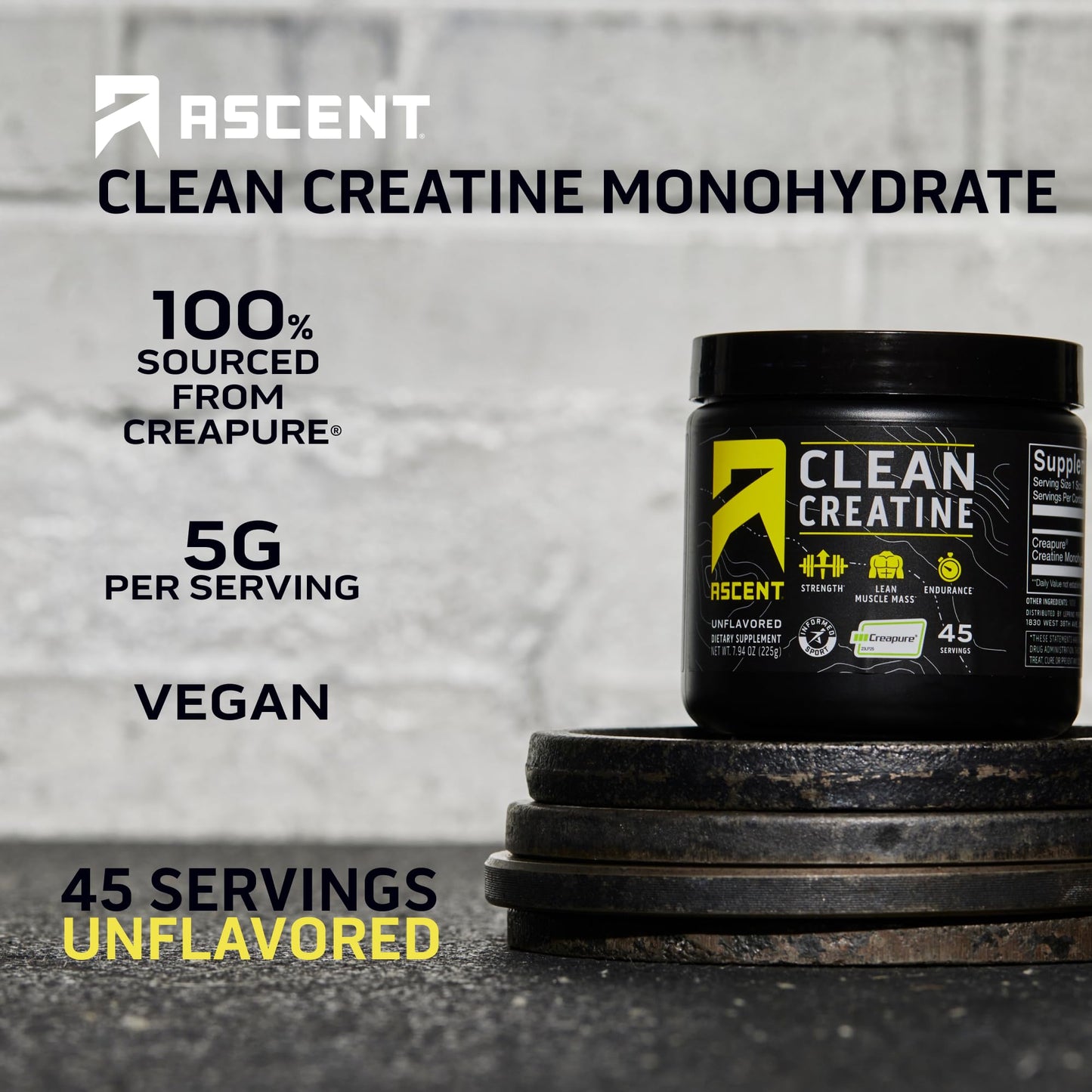 Ascent Clean Creatine Monohydrate Powder - 5G Per Serving, Creapure Creatine Supple