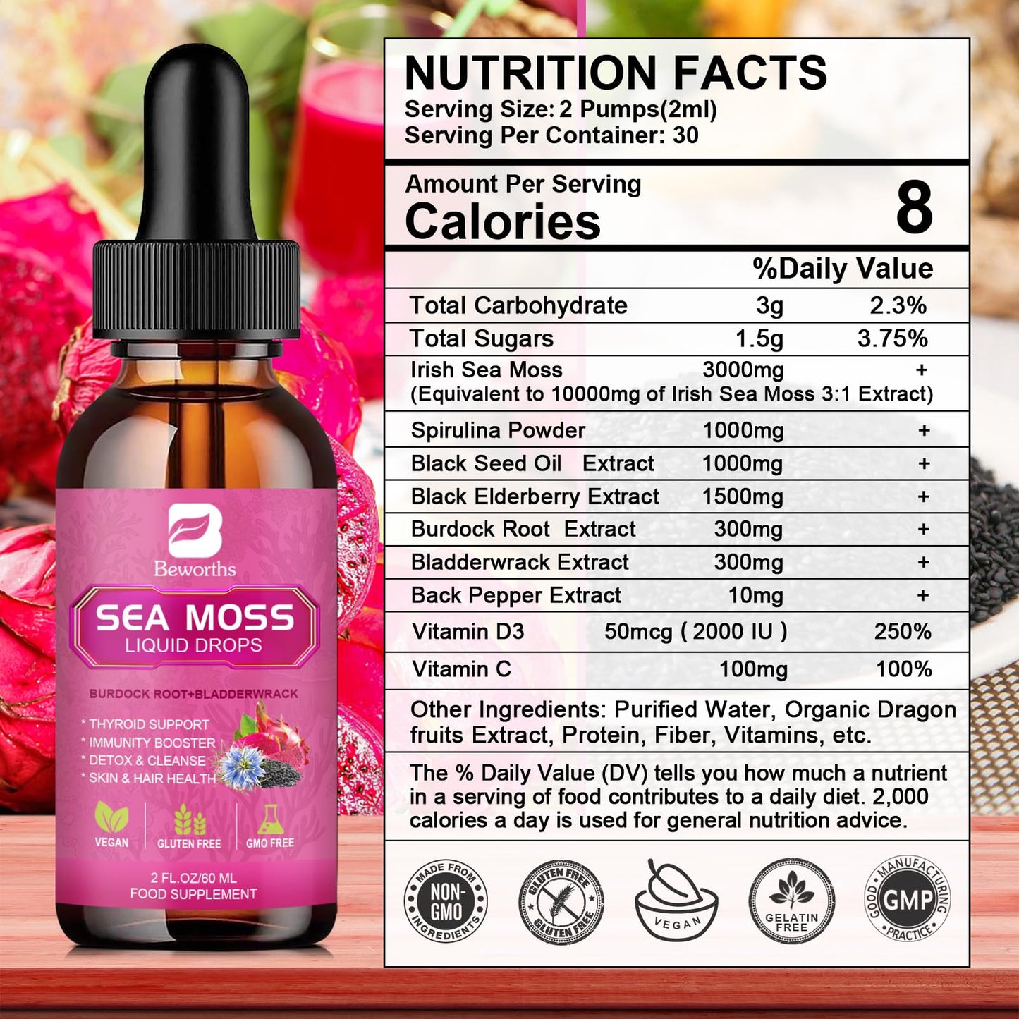 3000mg Sea Moss Liquid Drops - Black Seed Oil & Irish Sea Moss Gel with Burdock Root