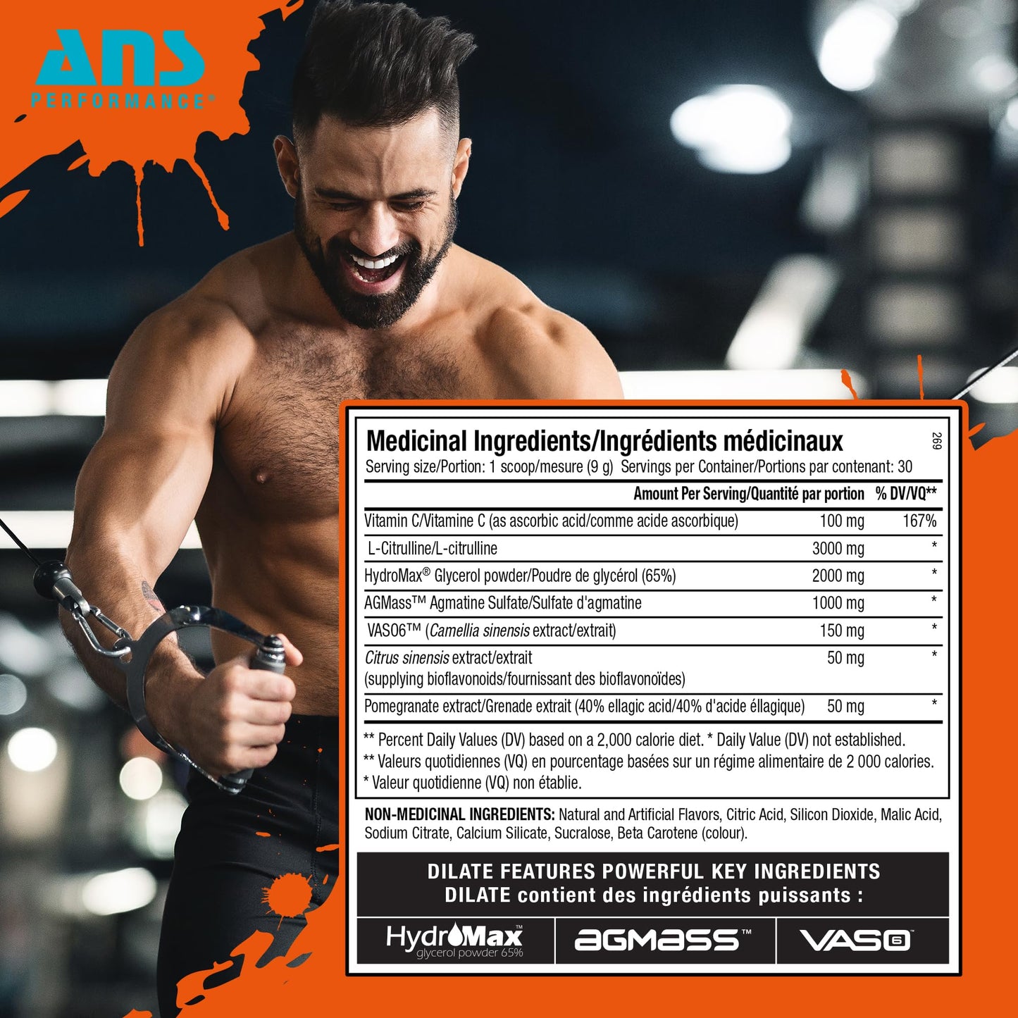 ANS Performance Dilate Pump PreWorkout Powder - Dietary Supplement - Maximizes Muscle Growth, Strength Performance - No Stims, Beta-Alanine, Creatine, Glacier Grape - 30 Servings (Peach Mango)