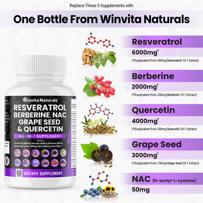 Resveratrol 6000mg Quercetin 4000mg Berberine 2000mg Grape Seed Extract 3000mg