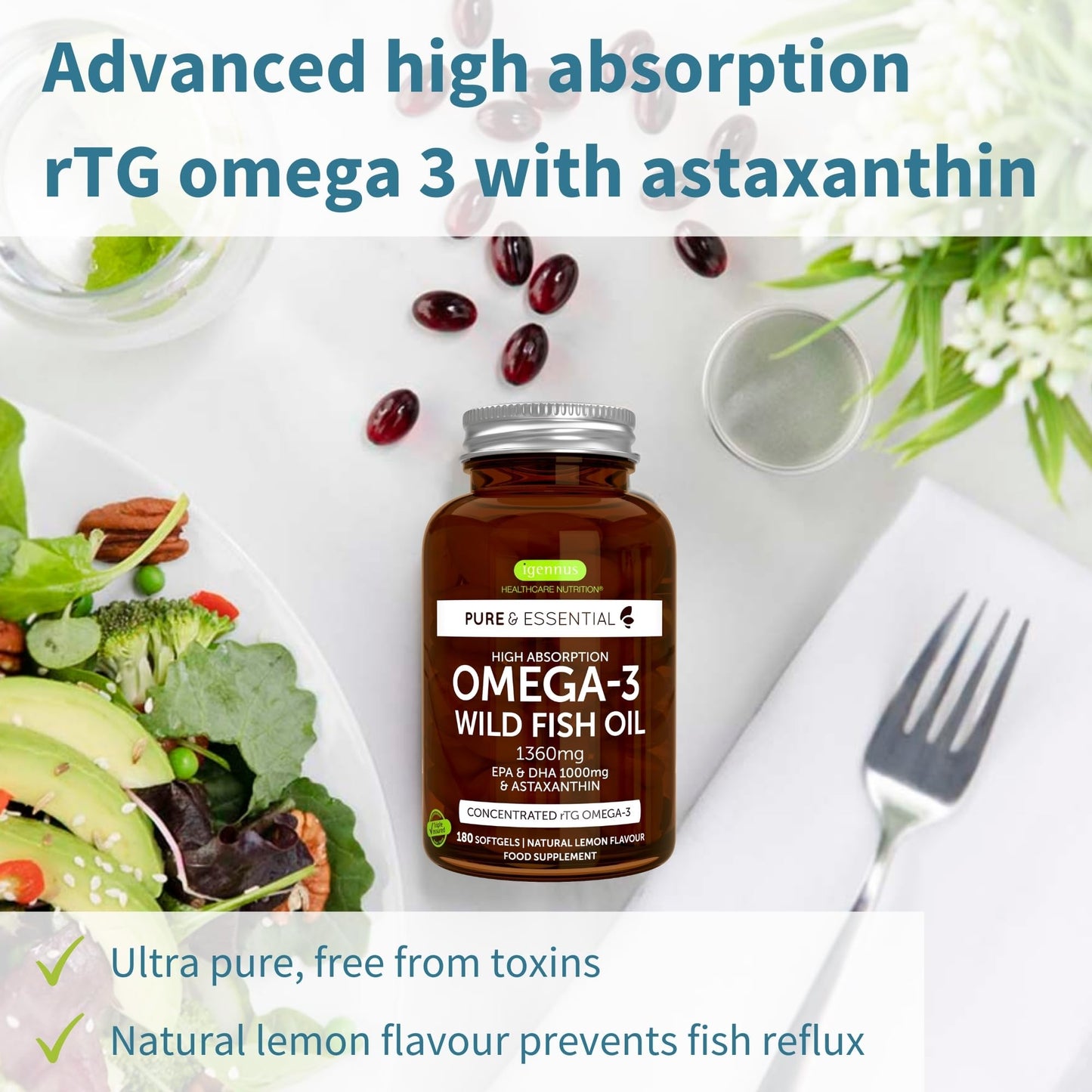 Omega-3 Wild Fish Oil & Astaxanthin, The Most Advanced High Absorption rTG Omega-3