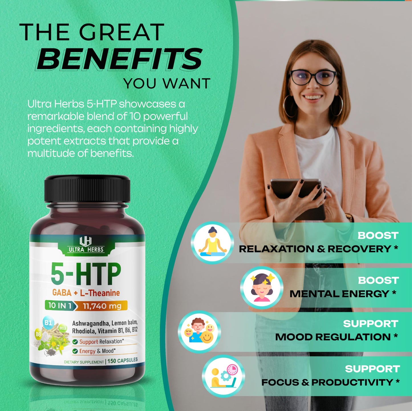 5-HTP Supplement 11,740mg 10 in 1 with GABA, L-Theanine, Ashwagandha, Rhodiola