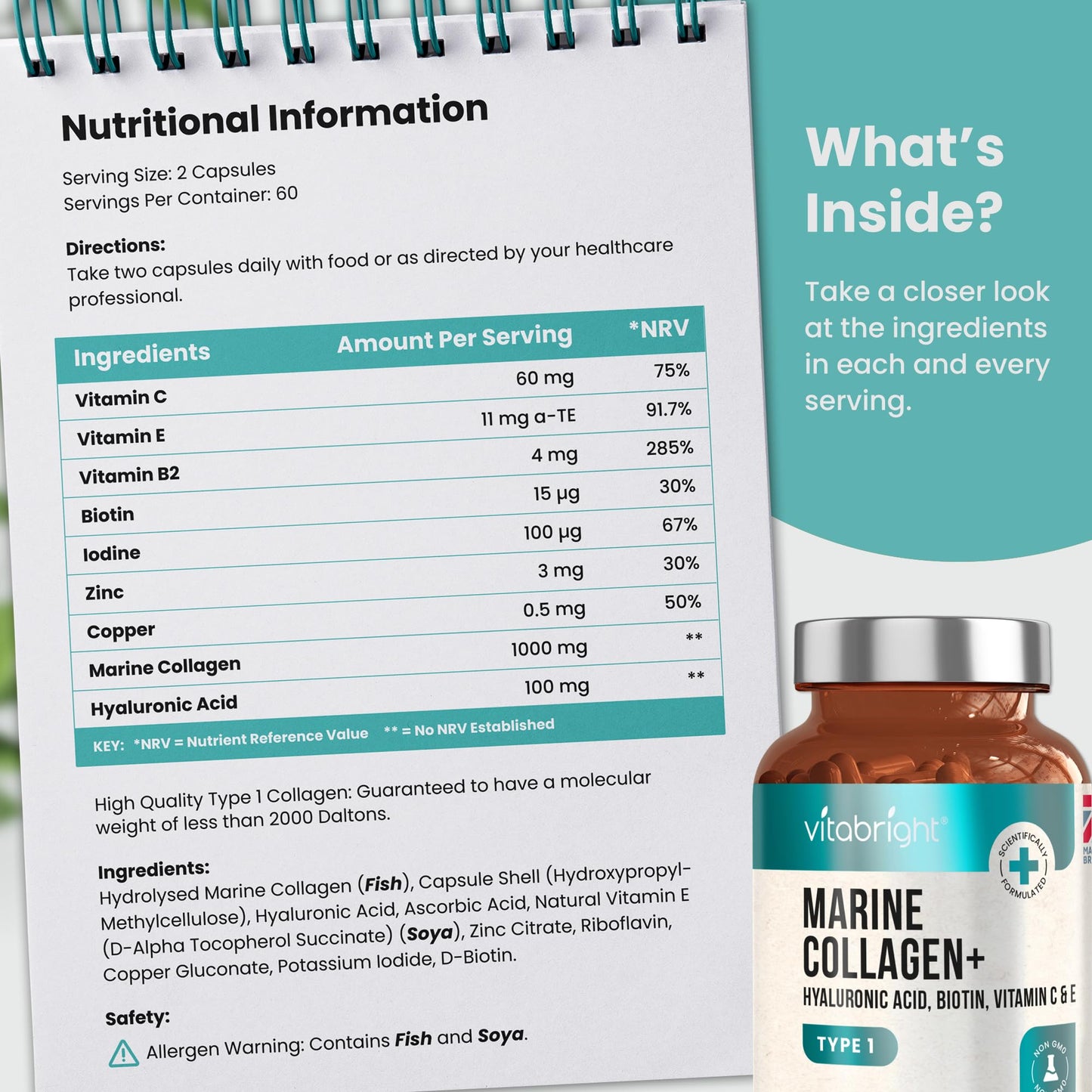 Marine Collagen Capsules 1000mg - 120 Capsules - 9 Powerful Skin Supporting Nutrients