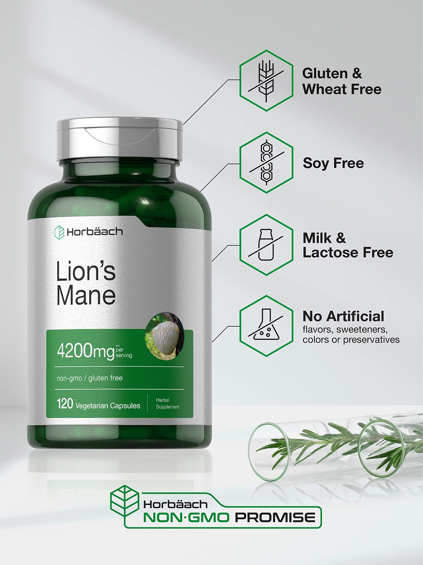 Horbäach Lions Mane Mushroom Extract | 4200mg | 120 Capsules | Vegetarian