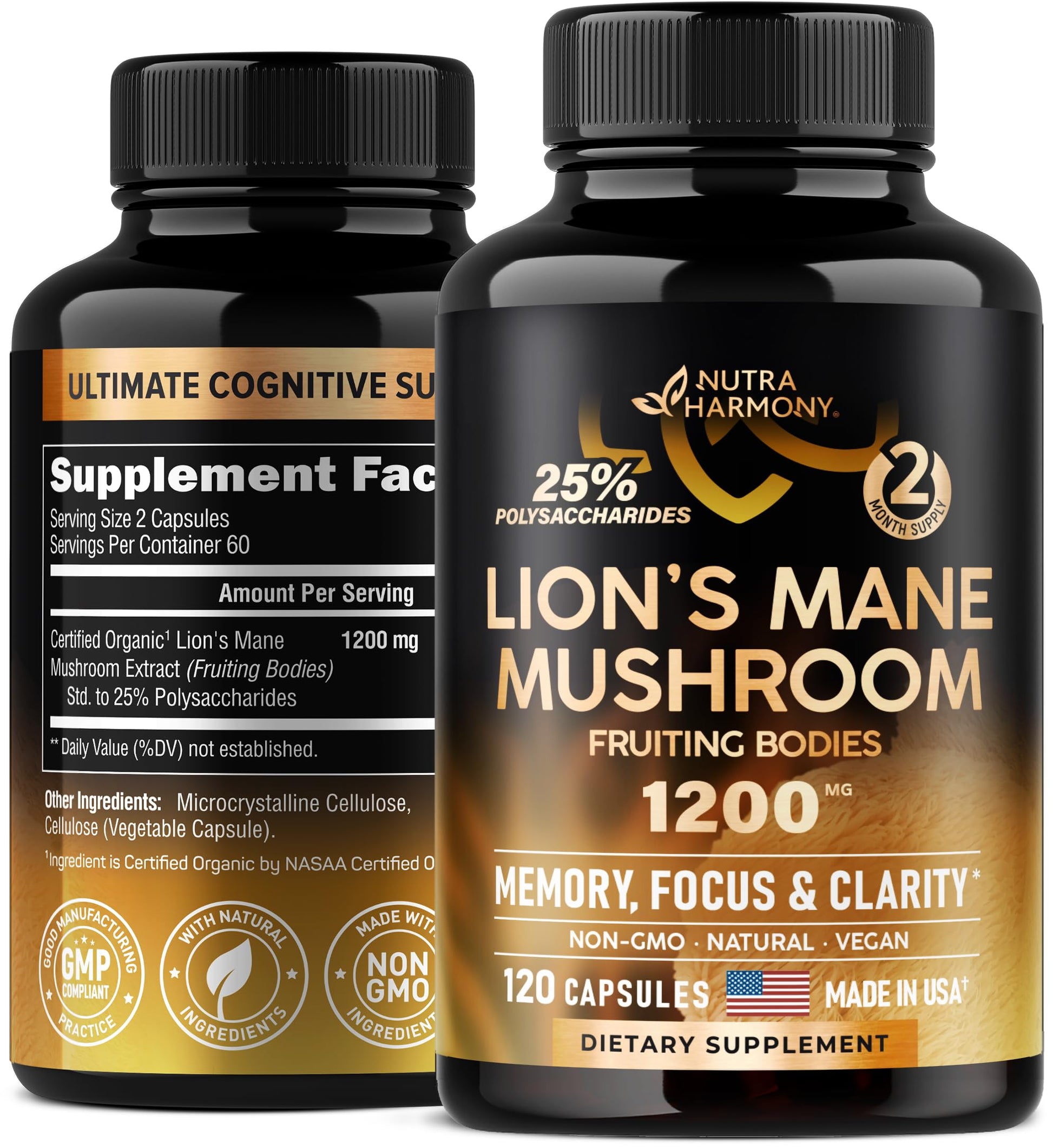 Organic Lions Mane - Certified Mushroom Supplement - Made in USA - Fruiting Bodies