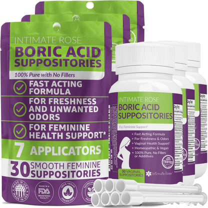 Boric Acid Suppositories - Helps Fight Against BV, Yeast Infections - Manages Odor - Promote pH Balance