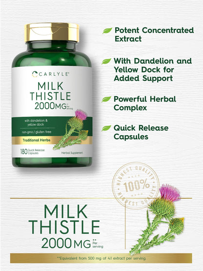 Carlyle Milk Thistle 2000mg | 180 Capsules | with Dandelion & Yellow Dock | Non-GMO