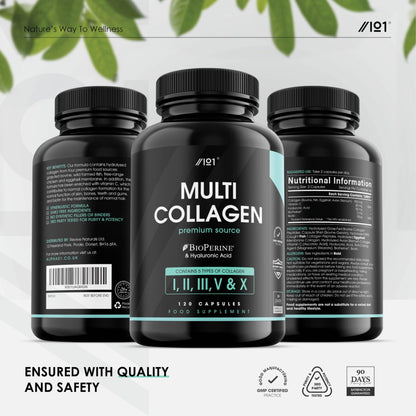 Multi Collagen Capsules - 120 Capsules - Types I, II, III, V & X - Wild Caught Fish, Grass Fed Bovine, Eggshell