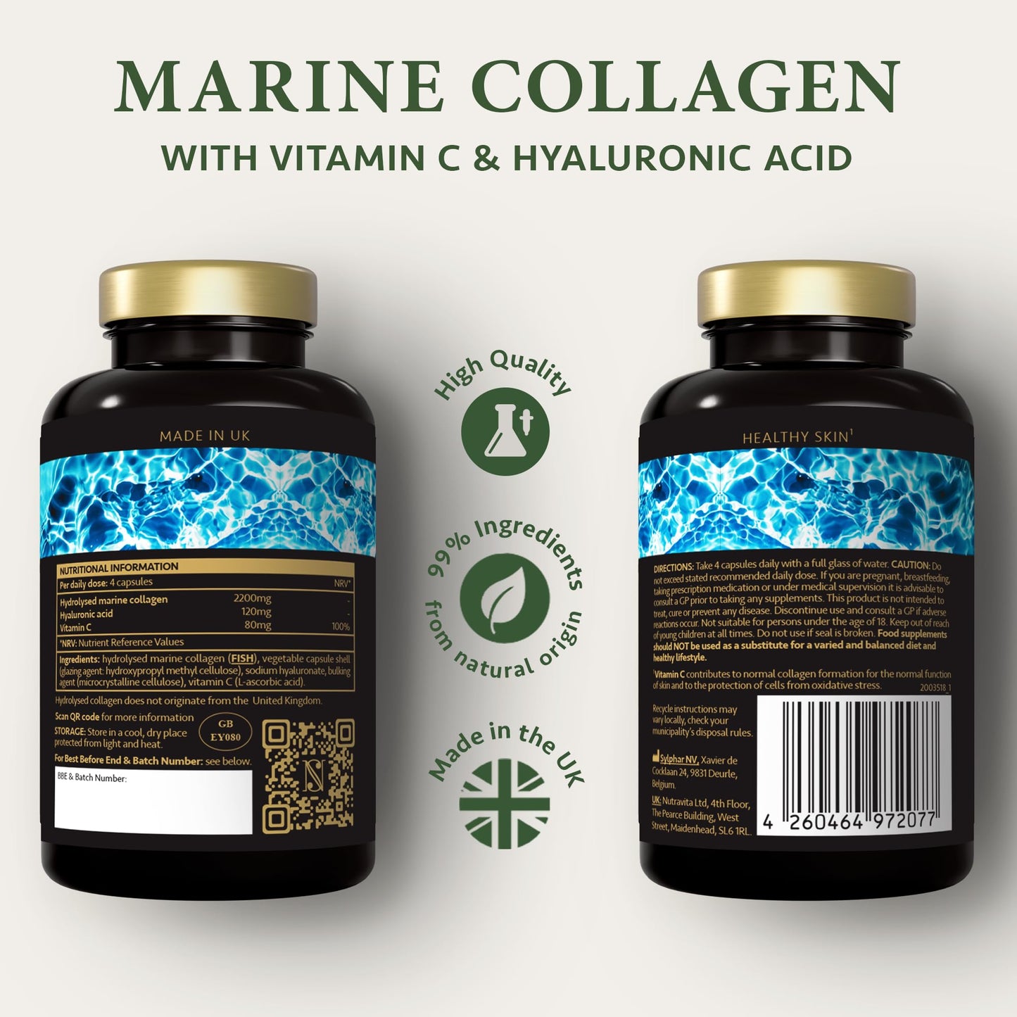 Marine Collagen Capsules with Hyaluronic Acid + Vitamin C 2400mg - High Strength Collagen