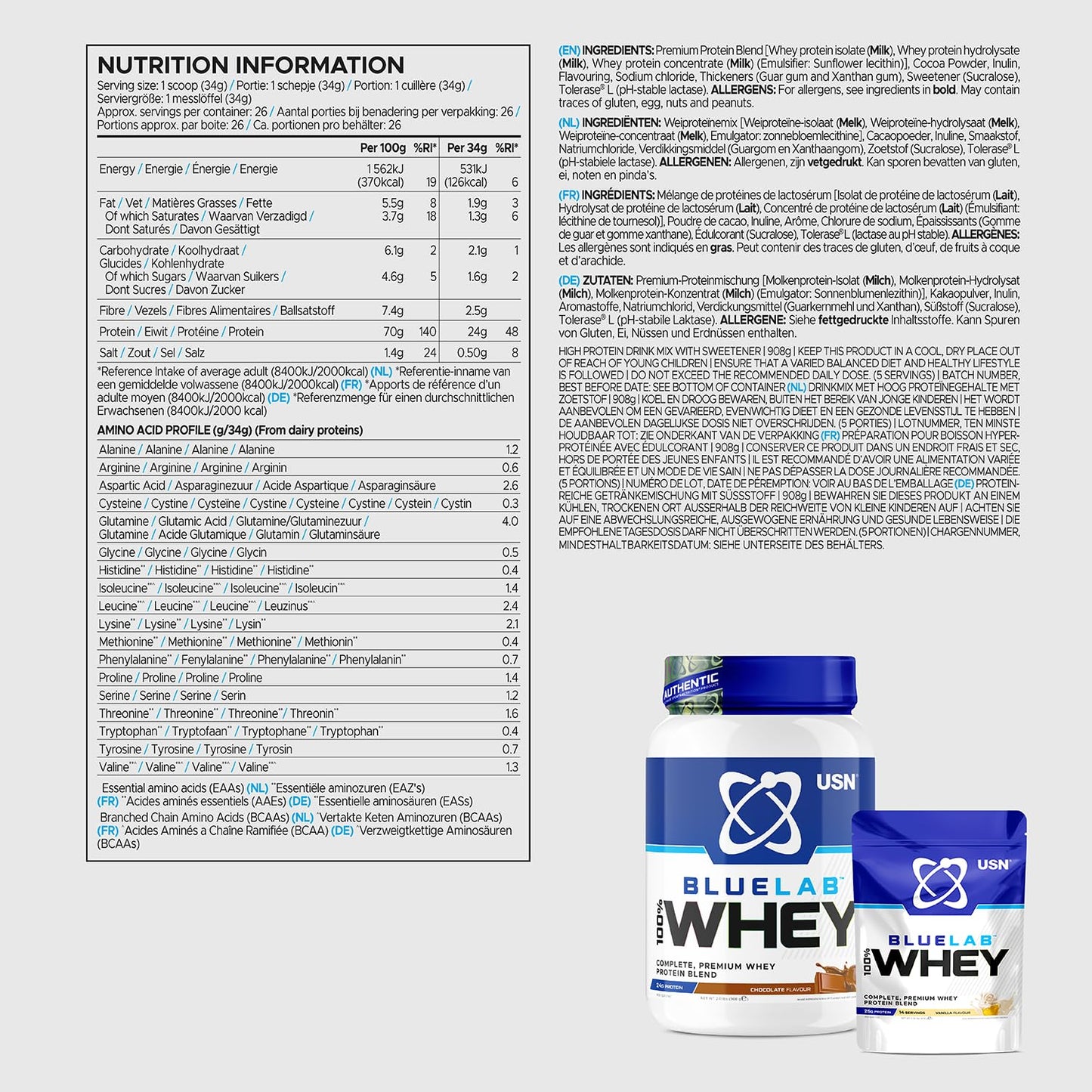 USN Blue Lab Whey Protein Powder: Chocolate - Whey Protein 2kg - Post-Workout