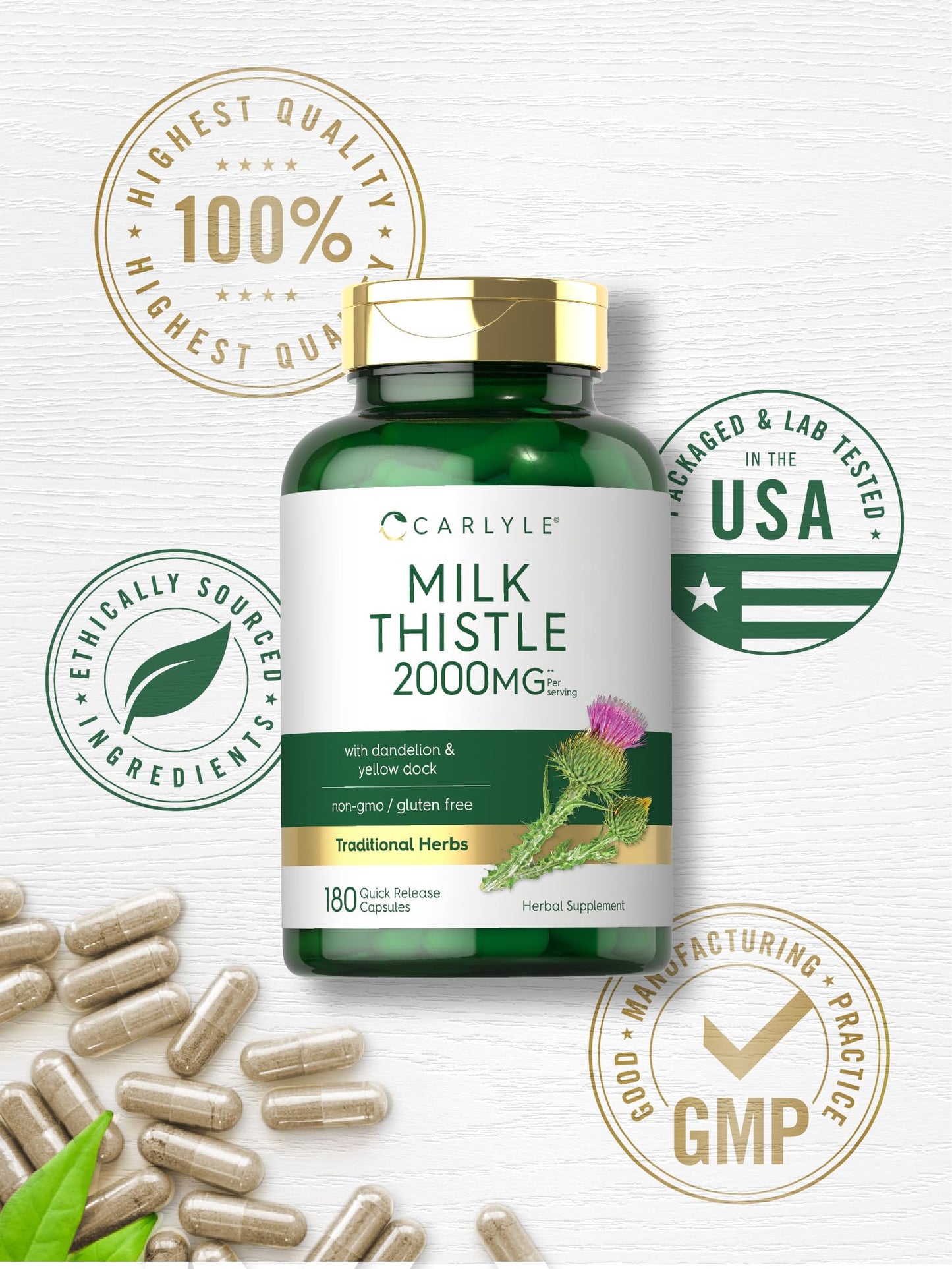 Carlyle Milk Thistle 2000mg | 180 Capsules | with Dandelion & Yellow Dock | Non-GMO