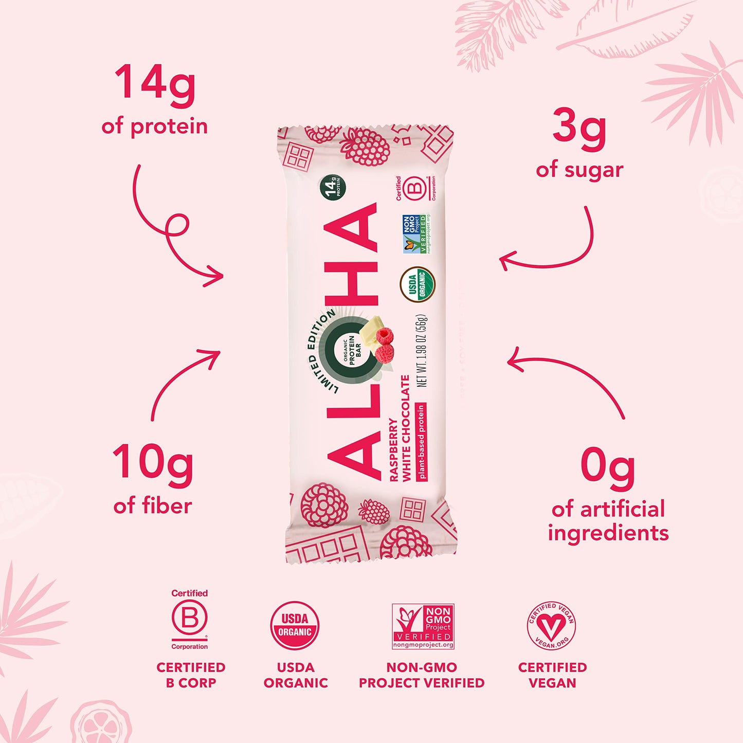 ALOHA Organic Plant Based Protein Bars | Raspberry White Chocolate | 12 Count, 1.98oz