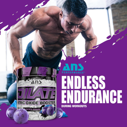 ANS Performance Dilate Pump PreWorkout Powder - Dietary Supplement - Maximizes Muscle Growth, Strength Performance - No Stims, Beta-Alanine, Creatine, Glacier Grape - 30 Servings (Glacier Grape)