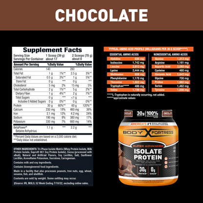 Body Fortress Super Advanced Isolate Protein, Chocolate Protein Powder Supplement