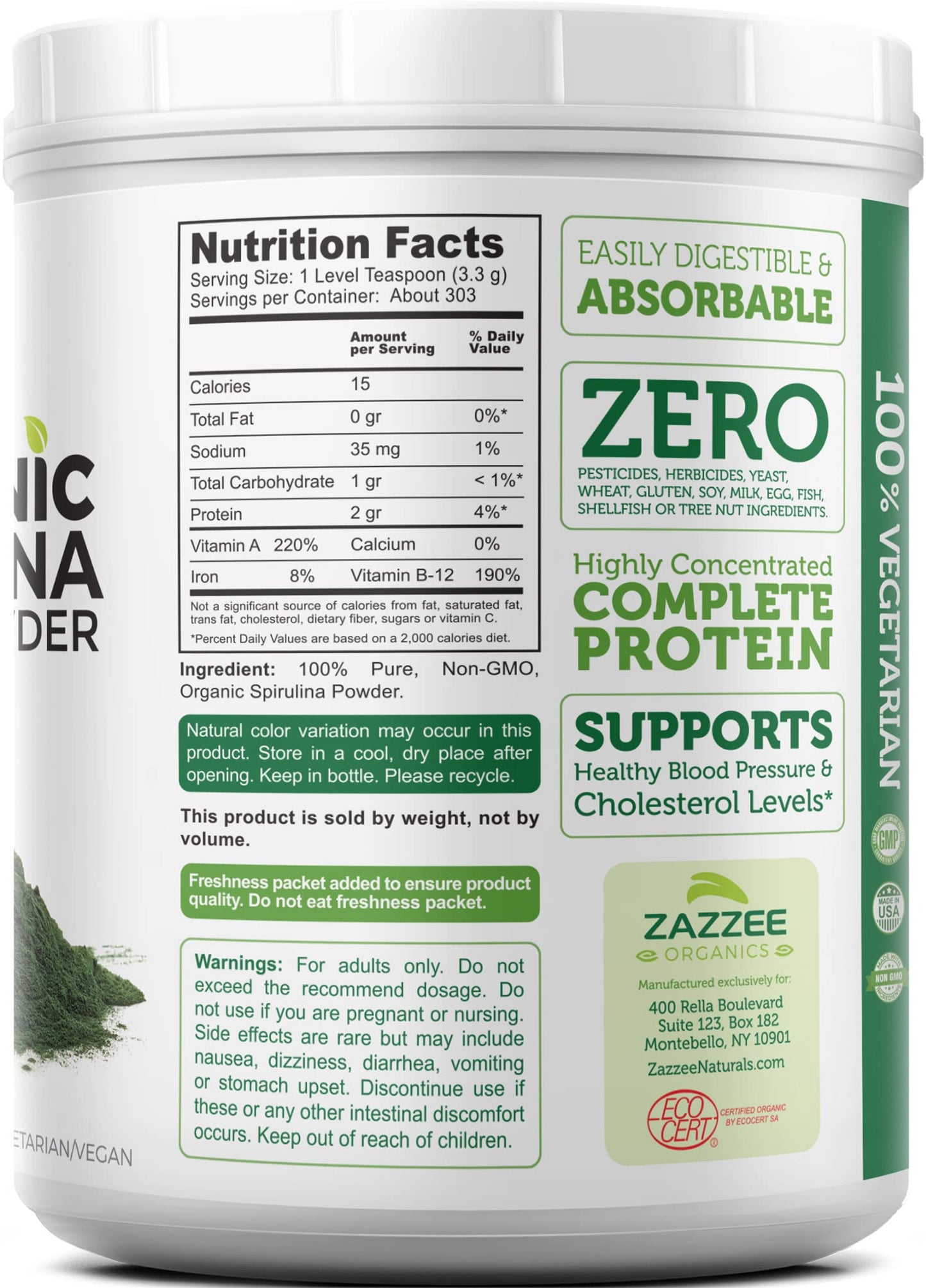 Zazzee USDA Certified Organic Spirulina Powder, 2.2 Pounds (1 KG), 303 Servings