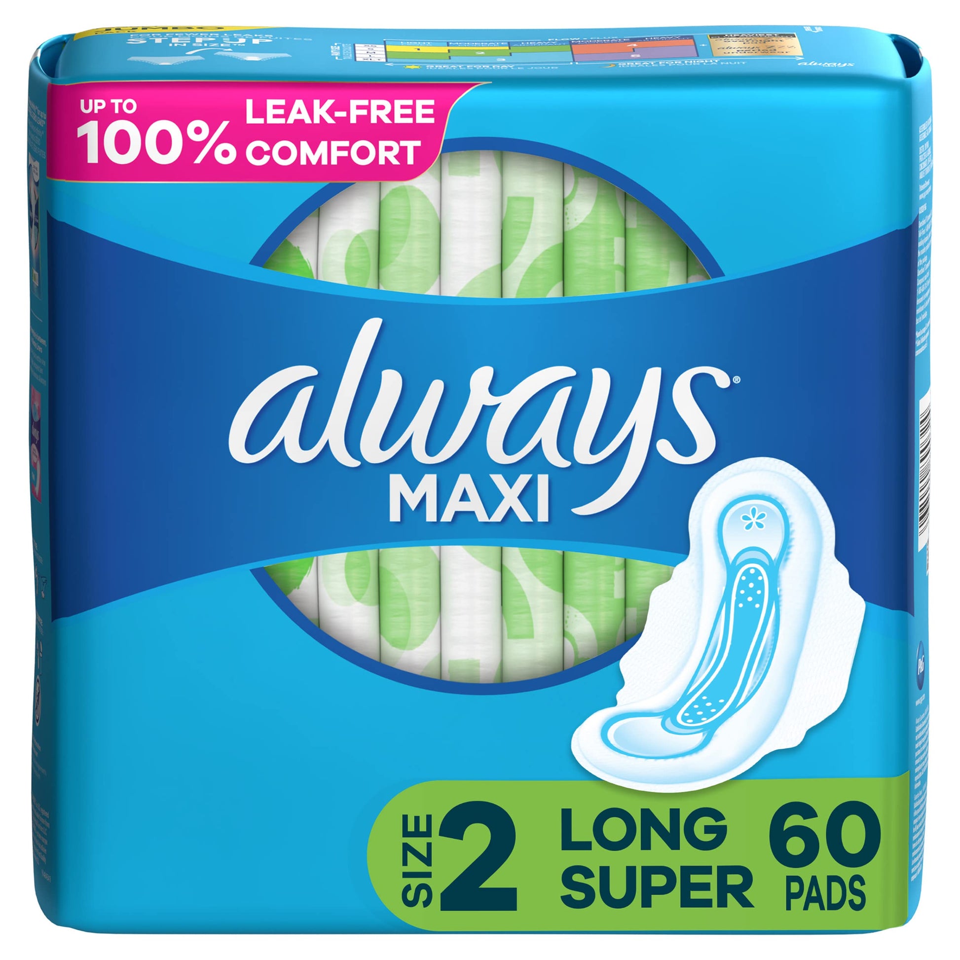 Always Maxi Feminine Pads For Women, Size 2 Long Super Absorbency, With Wings, Unscented, 60 Count